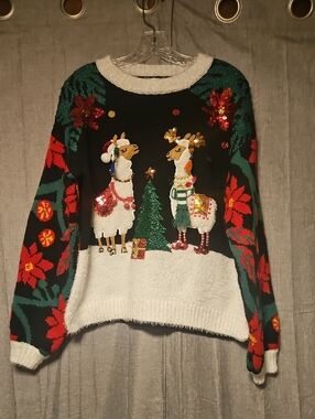 Holiday Time Black & White Llama Sequin Christmas Sweater